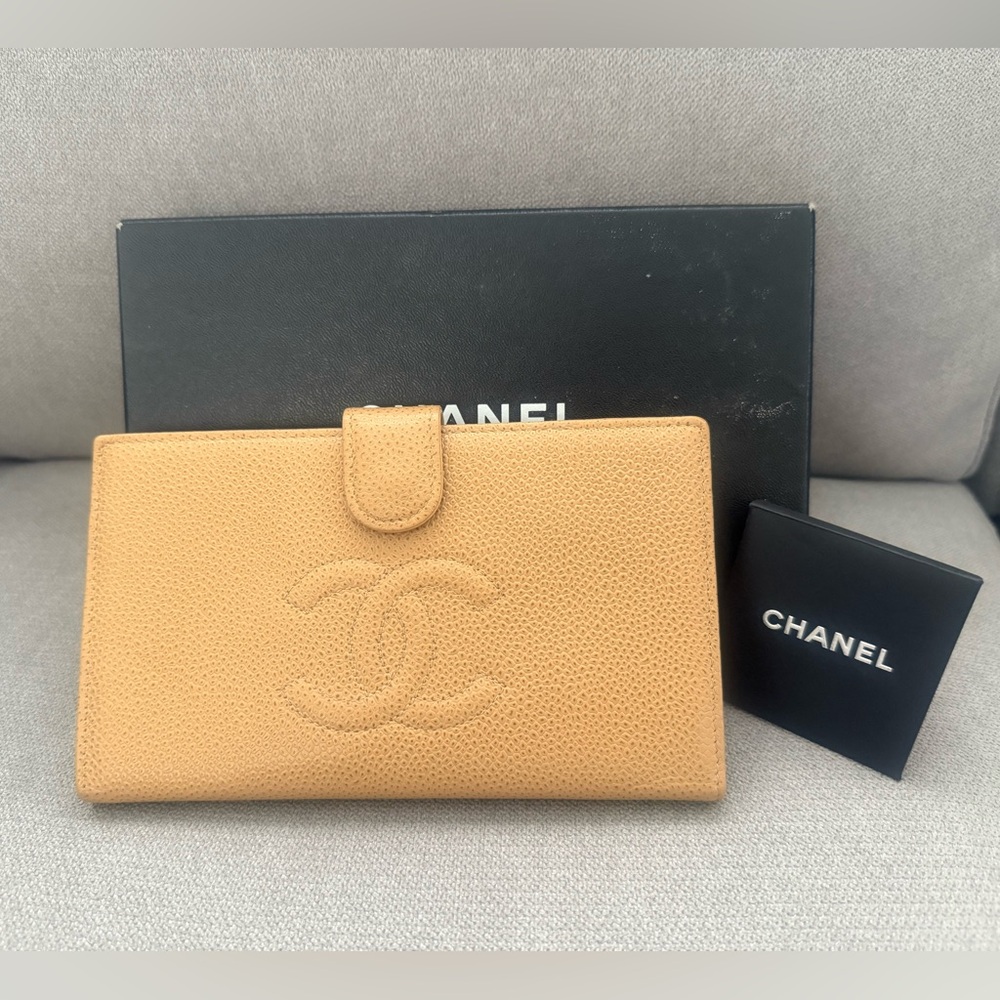 CHANEL CC Logo Grained Calfskin Long Bifold Beige Wallet w/ Box